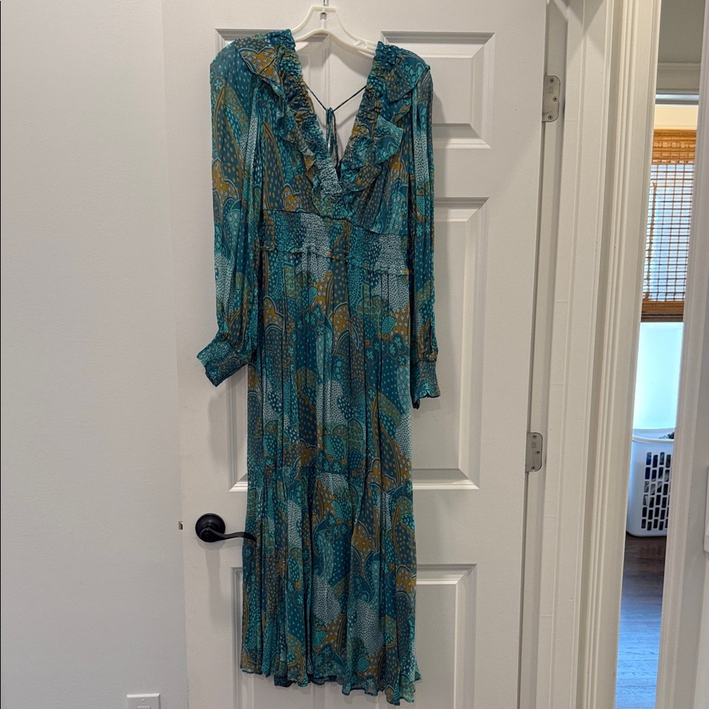 Anthropologie Blue and Yellow Patterned Long Sleeve Dress